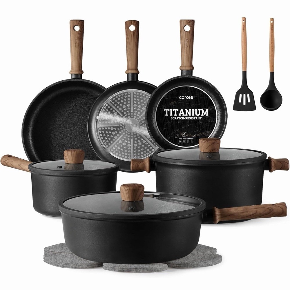 CAROTE Nonstick Pots and Pans, Induction Titanium Cookware Set 16pcs Kitchen Coo